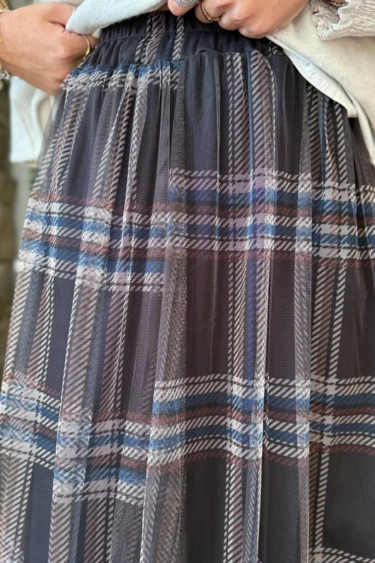 Myrtle Plaid Tulle Midi Skirt Chocolate